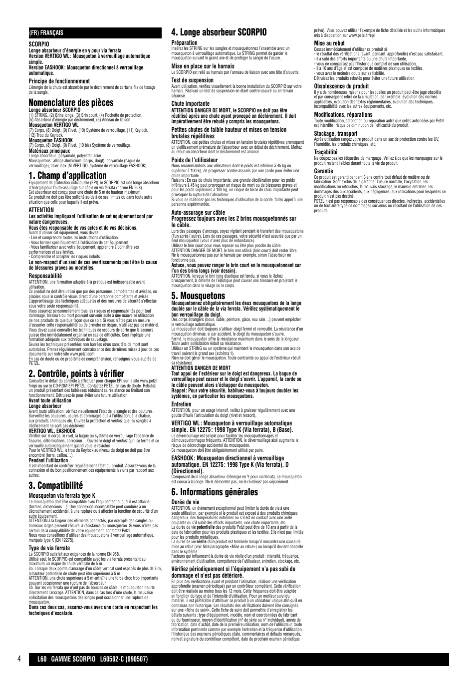 Nomenclature des pièces, Champ d’application, Contrôle, points à vérifier | Compatibilité, Longe absorbeur scorpio, Mousquetons, Informations générales | Petzl SCORPIO VERTIGO User Manual | Page 4 / 20