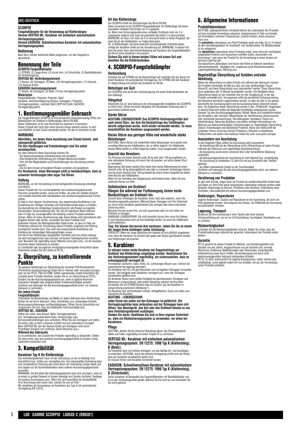 Benennung der teile, Bestimmungsgemäßer gebrauch, Überprüfung, zu kontrollierende punkte | Kompatibilität, Scorpio-fangstoßdämpfer, Karabiner, Allgemeine informationen | Petzl SCORPIO VERTIGO User Manual | Page 5 / 20