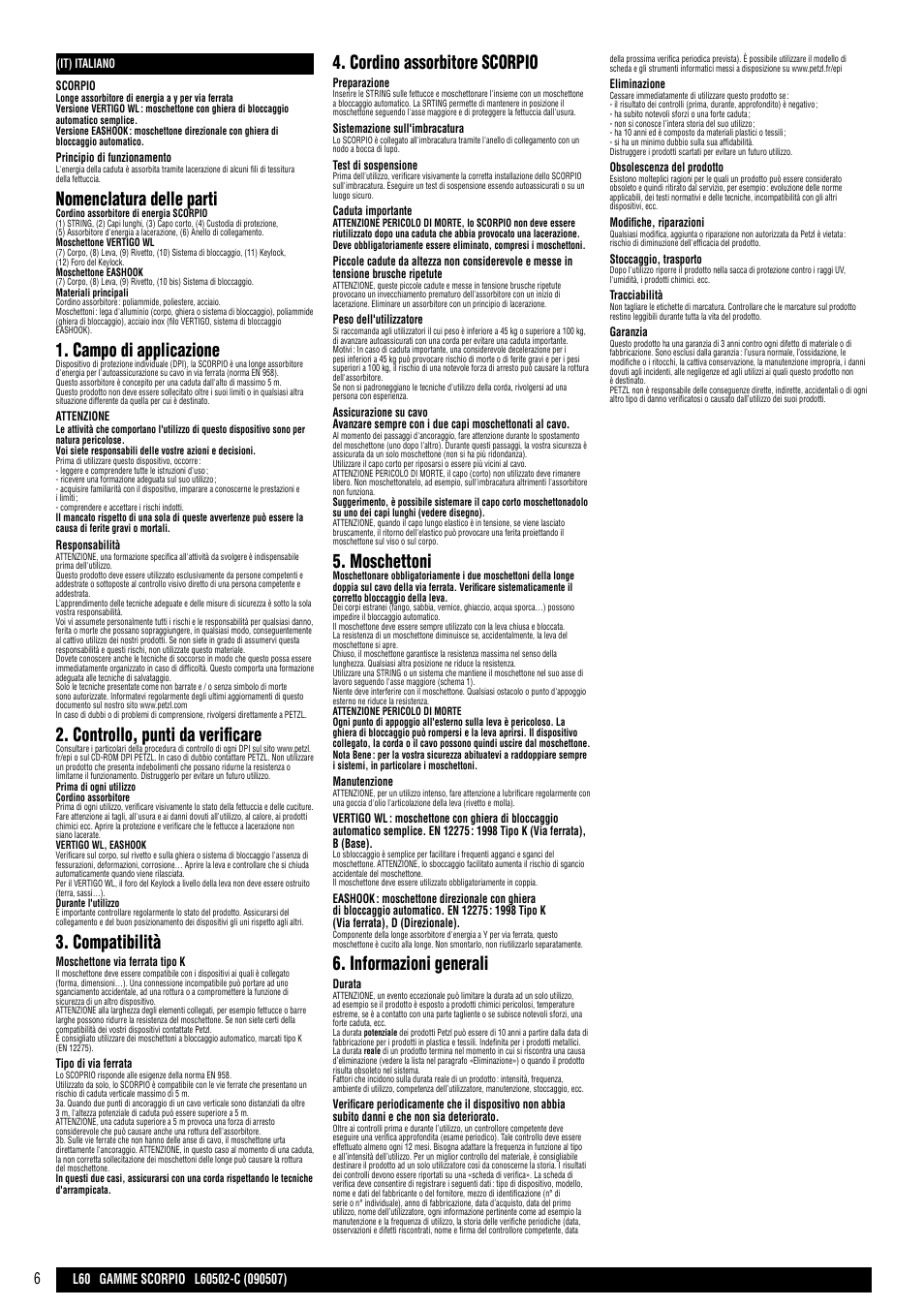 Nomenclatura delle parti, Campo di applicazione, Controllo, punti da verificare | Compatibilità, Cordino assorbitore scorpio, Moschettoni, Informazioni generali | Petzl SCORPIO VERTIGO User Manual | Page 6 / 20