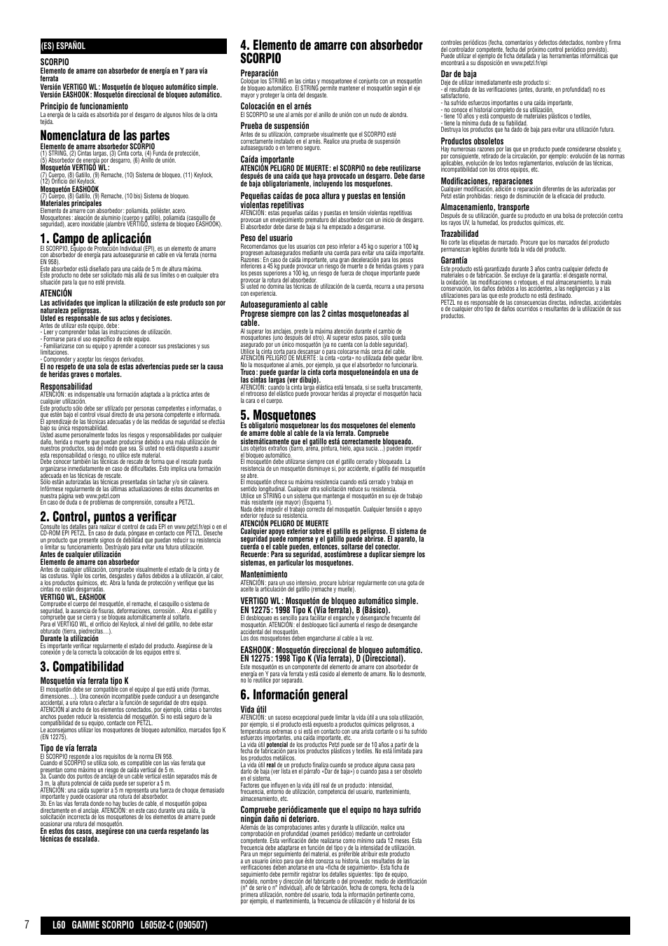 Nomenclatura de las partes, Campo de aplicación, Control, puntos a verificar | Compatibilidad, Elemento de amarre con absorbedor scorpio, Mosquetones, Información general | Petzl SCORPIO VERTIGO User Manual | Page 7 / 20