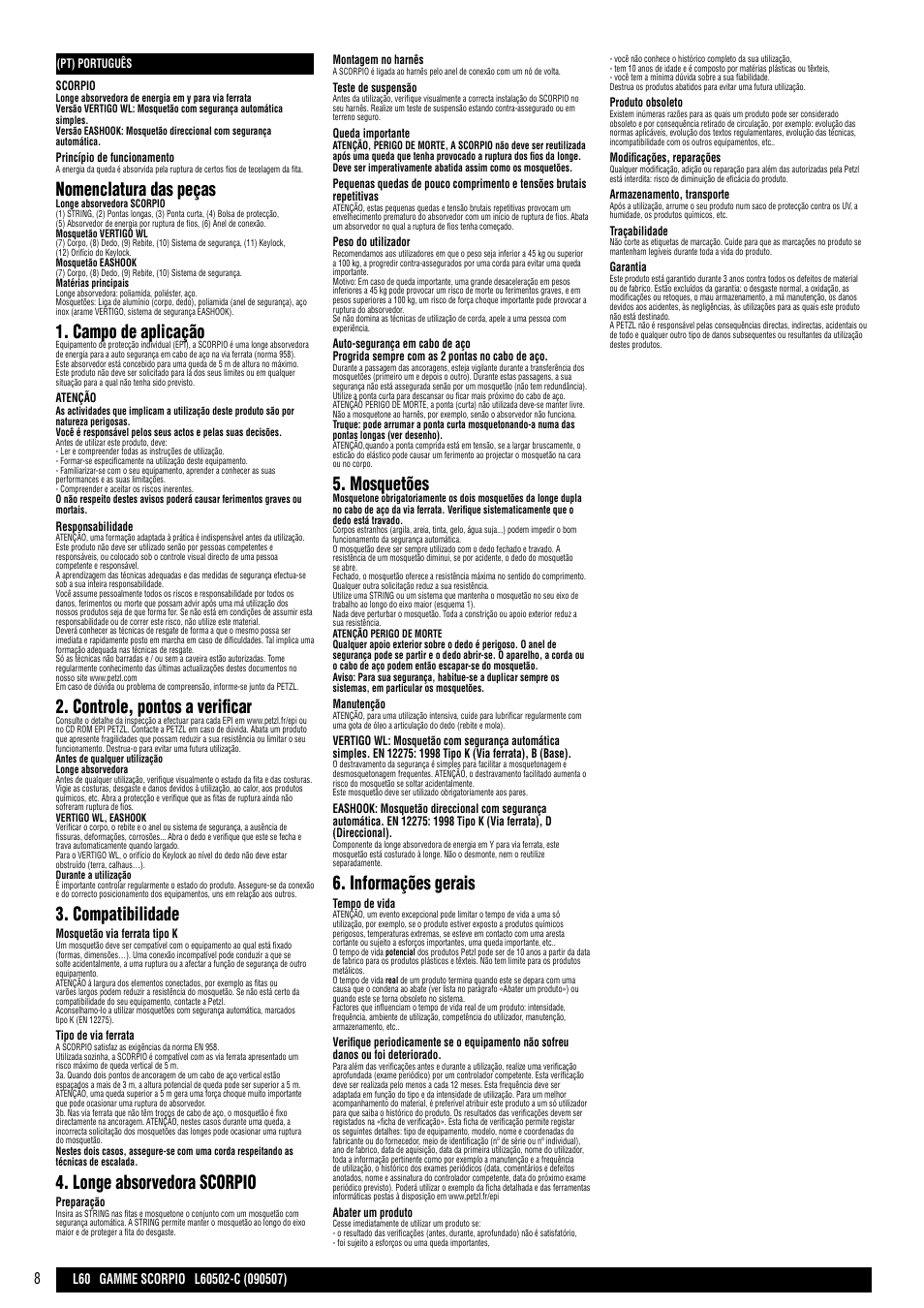Nomenclatura das peças, Campo de aplicação, Controle, pontos a verificar | Compatibilidade, Longe absorvedora scorpio, Mosquetões, Informações gerais | Petzl SCORPIO VERTIGO User Manual | Page 8 / 20
