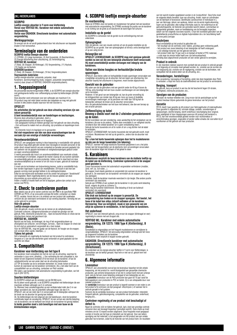 Terminologie van de onderdelen, Toepassingsveld, Check: te controleren punten | Compatibiliteit, Scorpio leeflijn energie-absorber, Karabiners, Algemene informatie | Petzl SCORPIO VERTIGO User Manual | Page 9 / 20