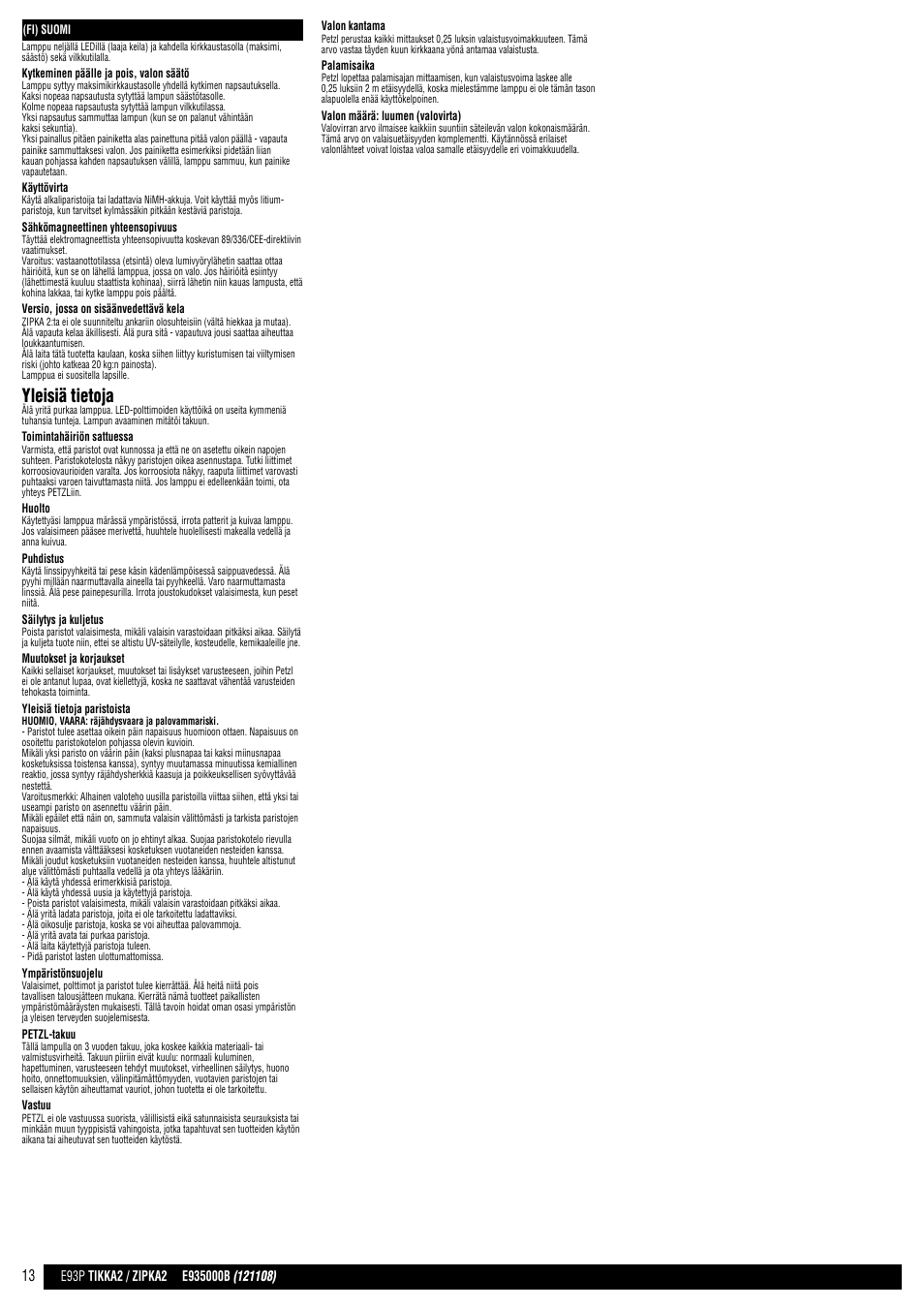 Yleisiä tietoja | Petzl TIKKA 2 CORE User Manual | Page 13 / 24