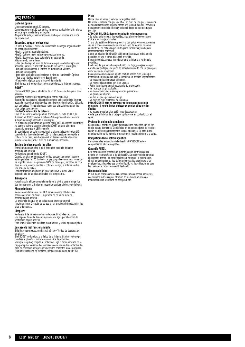 Es) español | Petzl MYO XP User Manual | Page 8 / 21