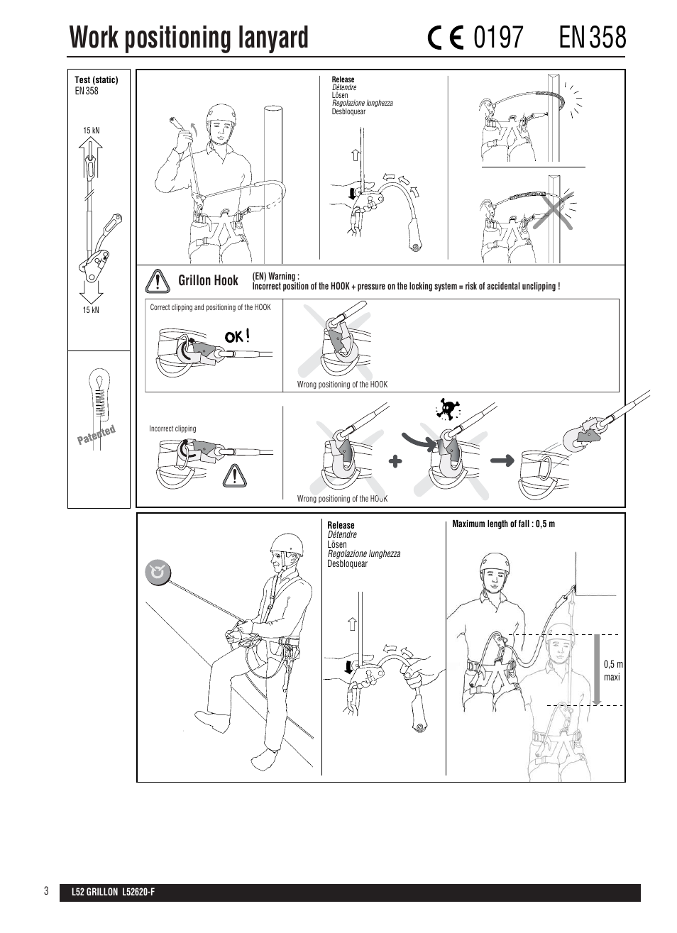 Drawings, Work positioning lanyard | Petzl GRILLON HOOK User Manual | Page 3 / 14