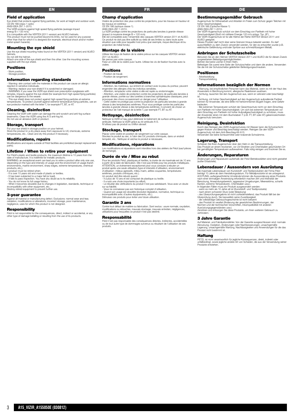 En / fr / de | Petzl VIZIR User Manual | Page 3 / 8