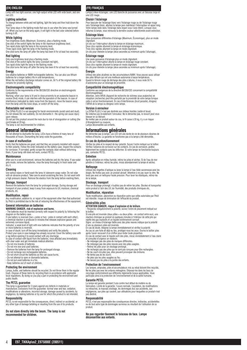 En, fr, General information, Informations générales | Petzl TIKKA PLUS 2 ADAPT User Manual | Page 4 / 11