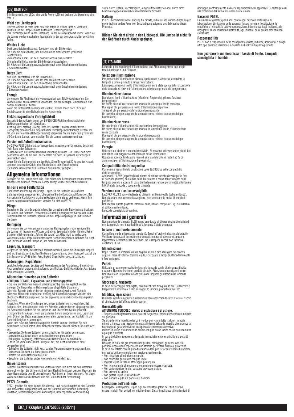 De, it, Allgemeine informationen, Informazioni generali | Petzl TIKKA PLUS 2 ADAPT User Manual | Page 5 / 11