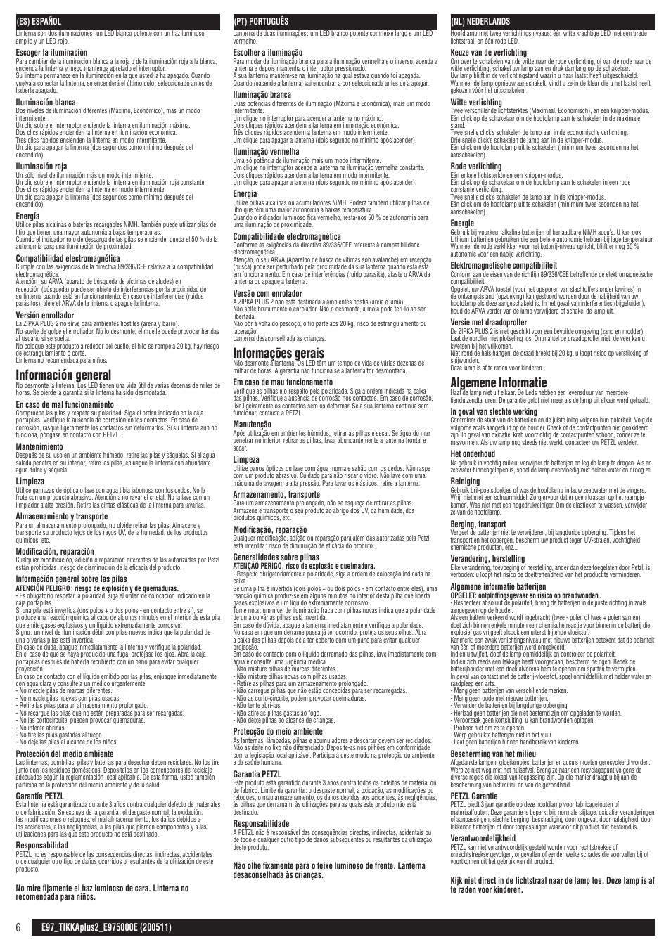Es, pt, nl, Información general, Informações gerais | Algemene informatie | Petzl TIKKA PLUS 2 ADAPT User Manual | Page 6 / 11