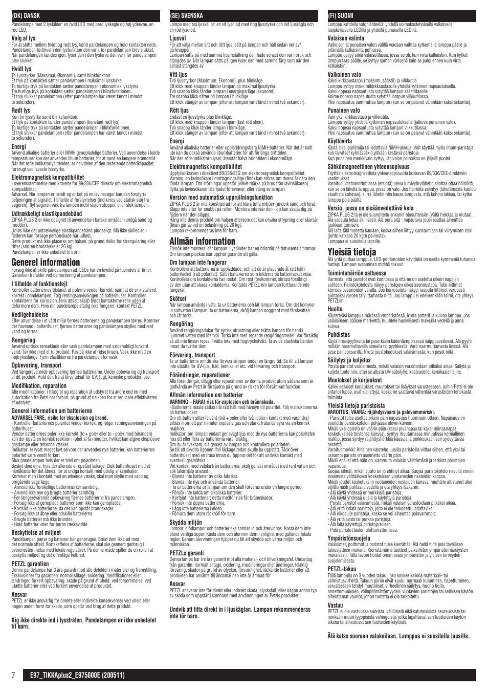 Dk, se, fi, Generel information, Allmän information | Yleisiä tietoja | Petzl TIKKA PLUS 2 ADAPT User Manual | Page 7 / 11