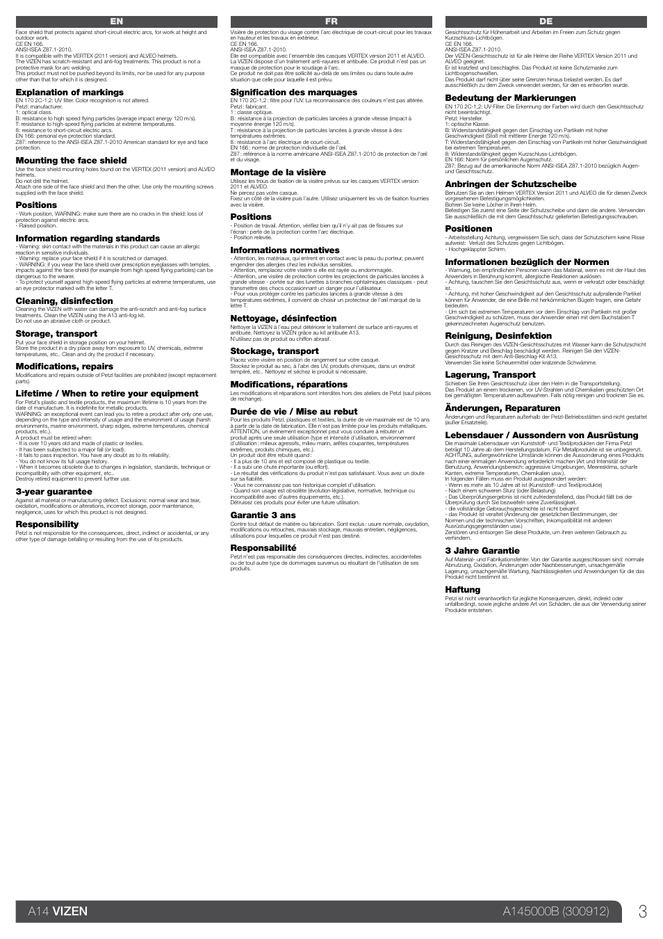 En / fr / de | Petzl VIZEN User Manual | Page 3 / 9