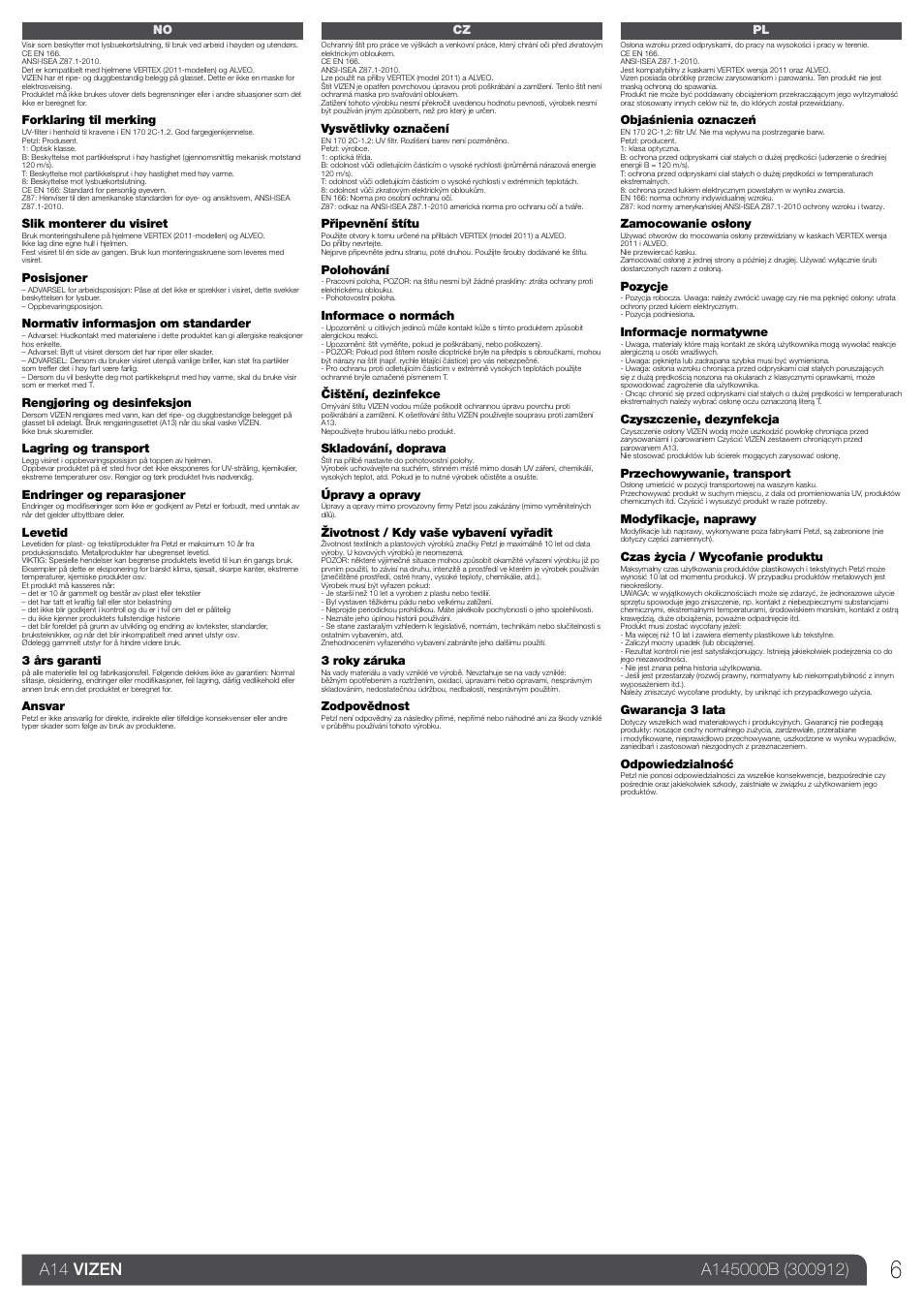 No / cz / pl | Petzl VIZEN User Manual | Page 6 / 9
