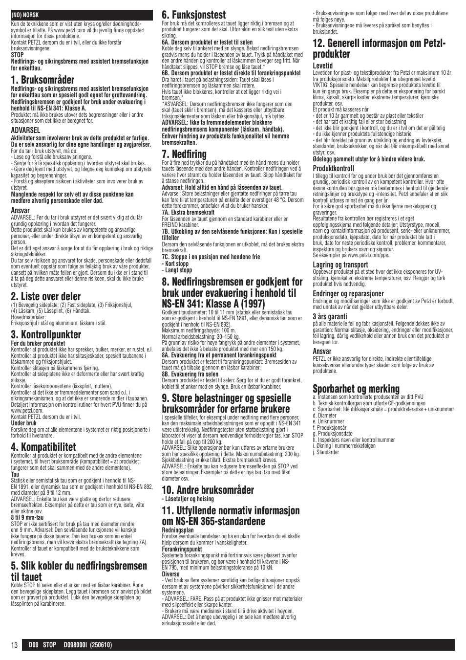 Bruksområder, Liste over deler, Kontrollpunkter | Kompatibilitet, Slik kobler du nedfiringsbremsen til tauet, Funksjonstest, Nedfiring, Andre bruksområder, Generell informasjon om petzl- produkter, Sporbarhet og merking | Petzl STOP User Manual | Page 13 / 22