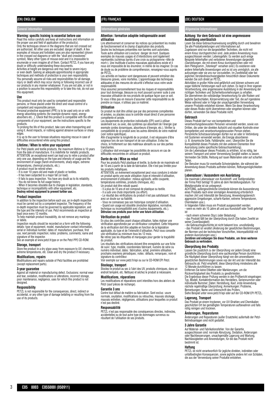 En, fr, de | Petzl 8003 User Manual | Page 3 / 8
