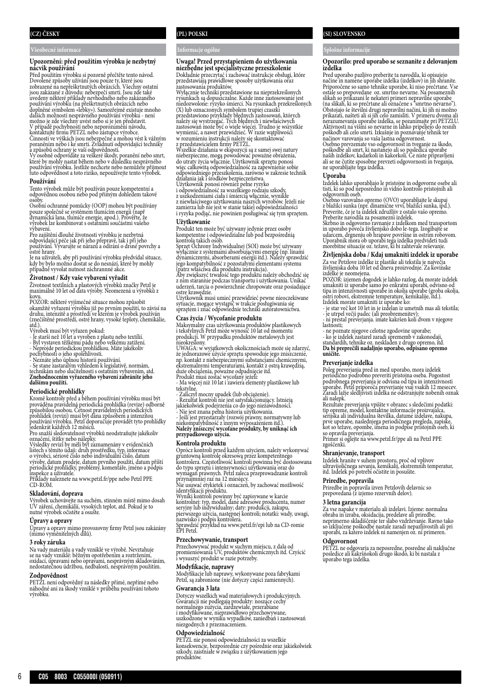 Cz, pl, si | Petzl 8003 User Manual | Page 6 / 8