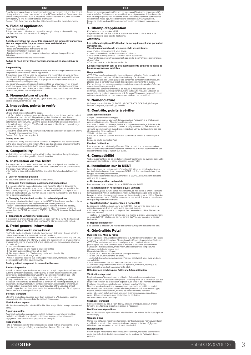 En, fr, Field of application, Nomenclature of parts | Inspection, points to verify, Compatibility, Installation on the nest, Petzl general information, Champ d’application, Nomenclature, Contrôle, points à vérifier | Petzl STEF User Manual | Page 3 / 12