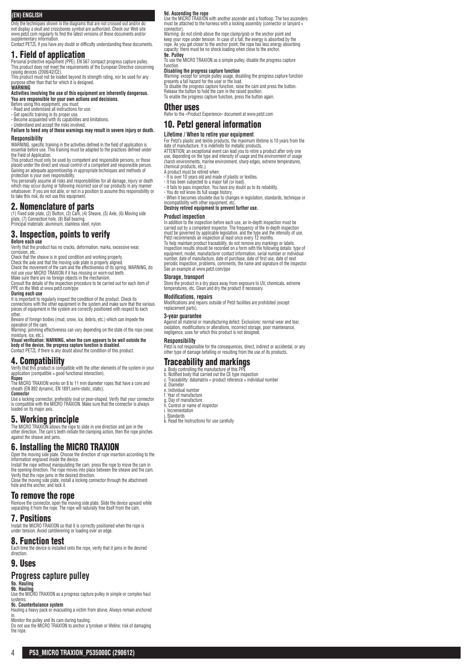 Field of application, Nomenclature of parts, Inspection, points to verify | Compatibility, Working principle, Installing the micro traxion, Positions, Function test, Uses progress capture pulley, Other uses | Petzl MICRO TRAXION User Manual | Page 4 / 22