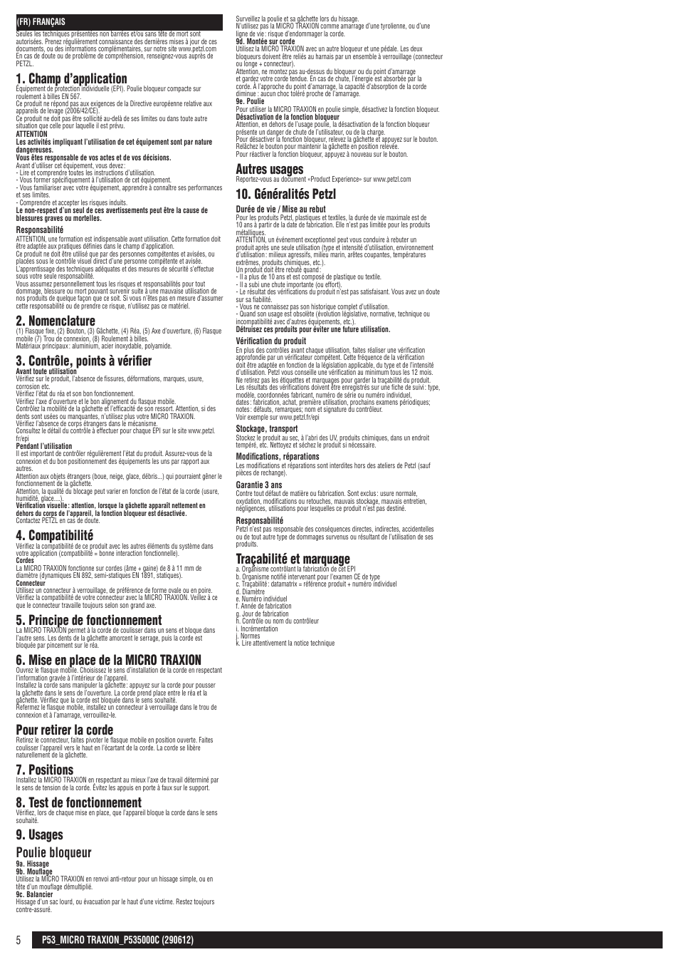 Champ d’application, Nomenclature, Contrôle, points à vérifier | Compatibilité, Principe de fonctionnement, Mise en place de la micro traxion, Pour retirer la corde, Positions, Test de fonctionnement, Usages poulie bloqueur | Petzl MICRO TRAXION User Manual | Page 5 / 22