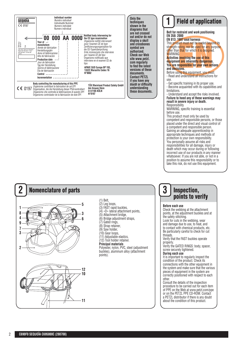 En + drawings, Field of application, Nomenclature of parts | Inspection, points to verify | Petzl SEQUOIA User Manual | Page 2 / 26