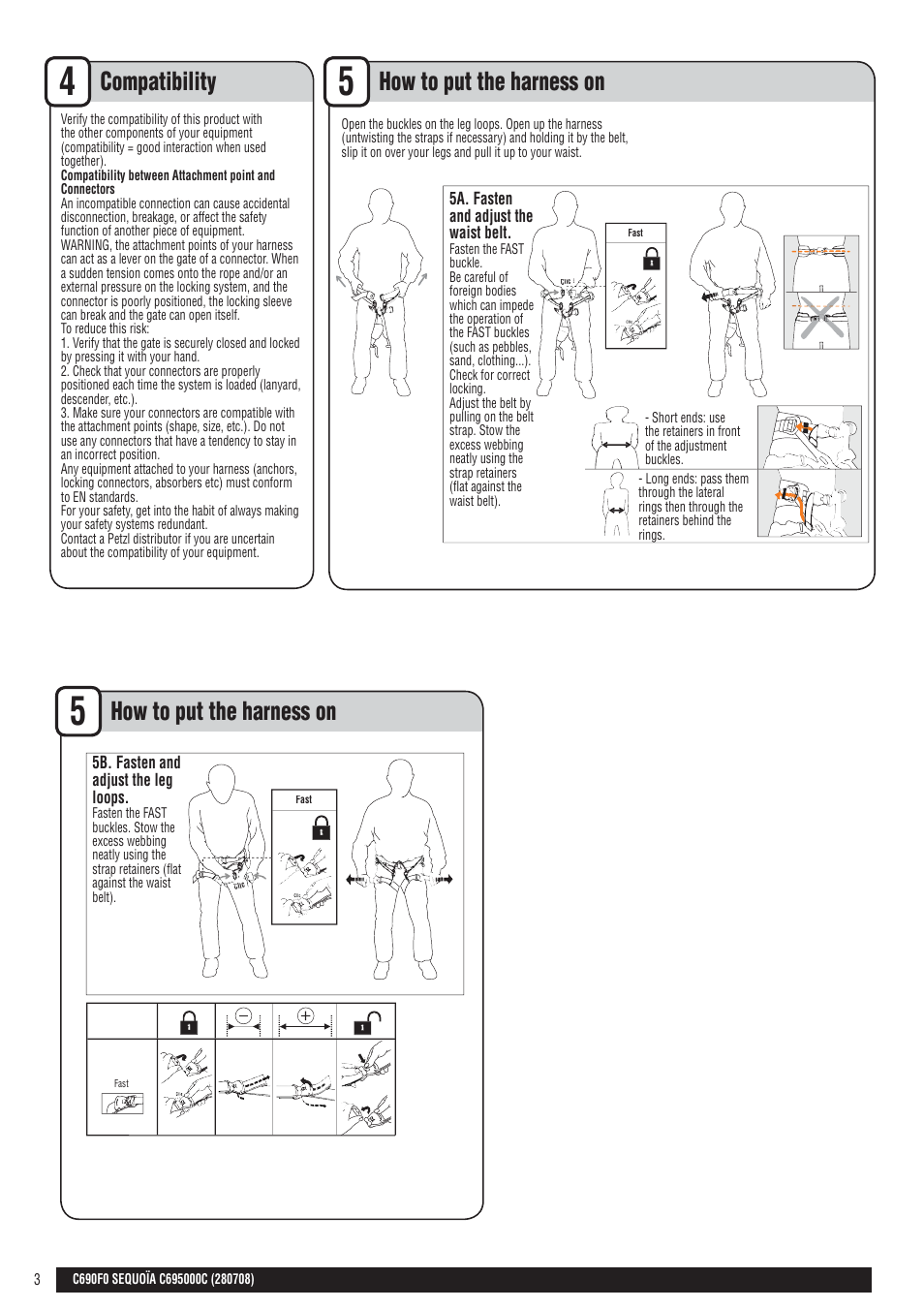 En + drawings, Compatibility, How to put the harness on | Petzl SEQUOIA User Manual | Page 3 / 26