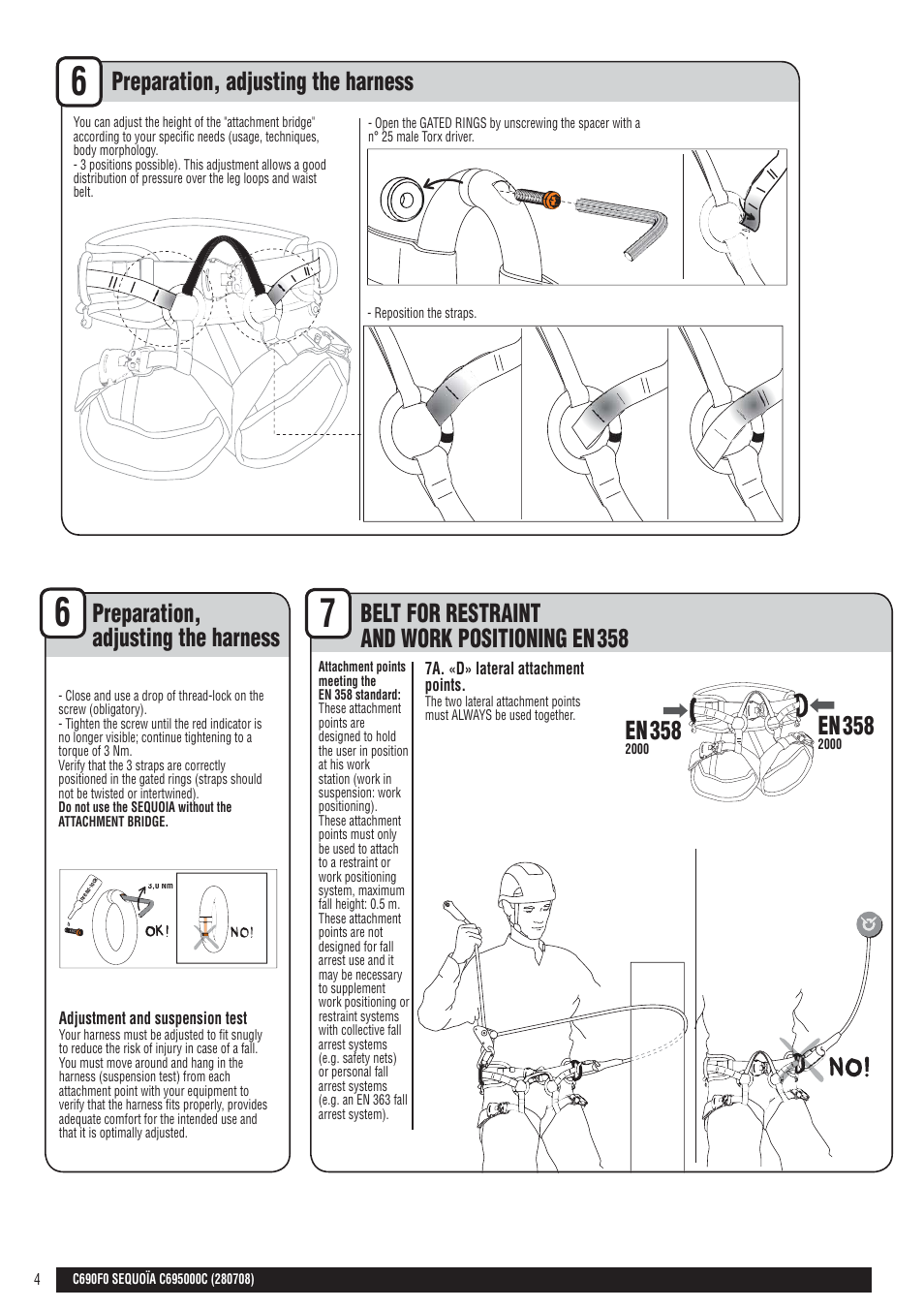 En + drawings, Preparation, adjusting the harness, Belt for restraint and work positioning en | 358 en | Petzl SEQUOIA User Manual | Page 4 / 26