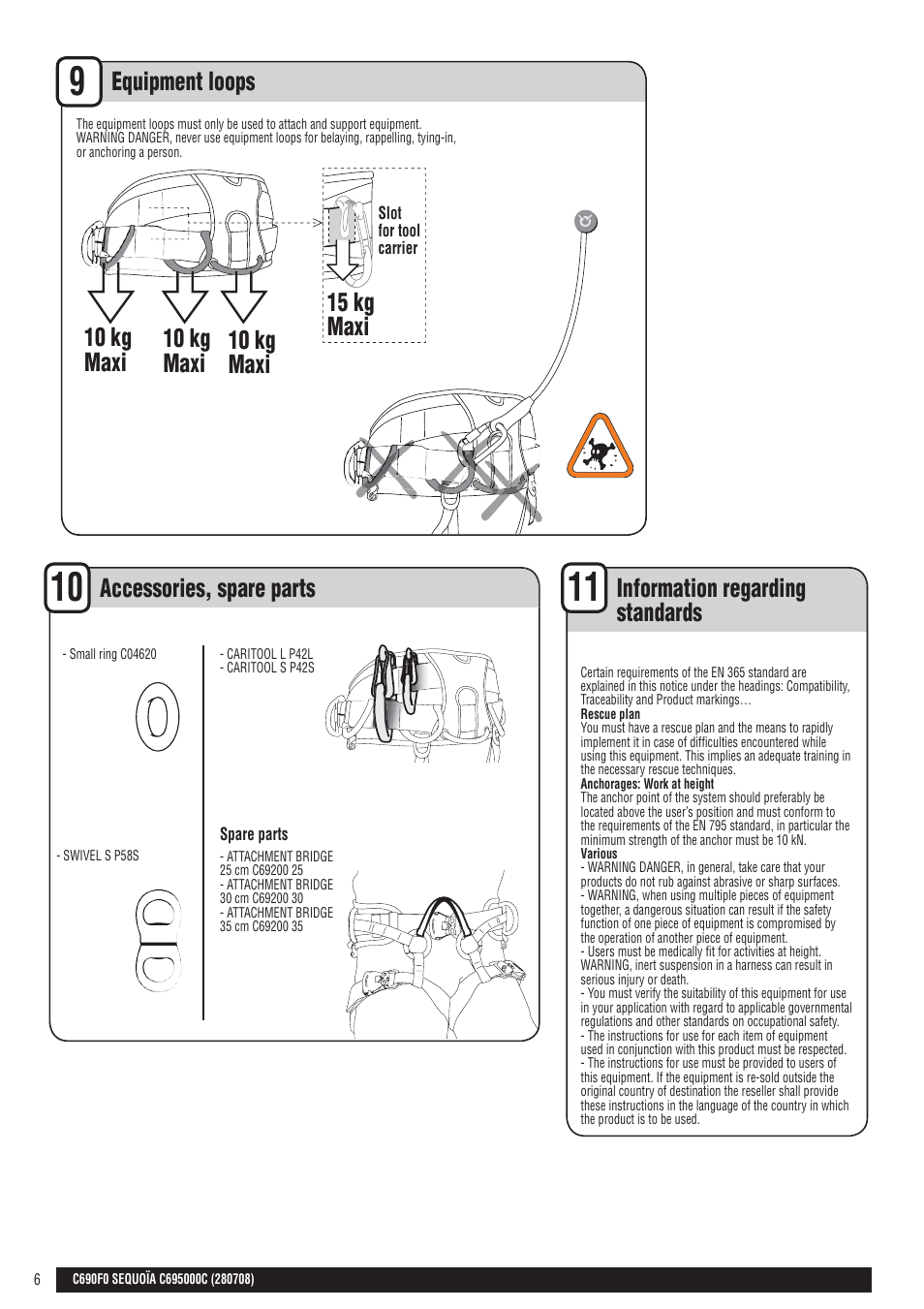 En + drawings, Equipment loops, 10 kg maxi | 15 kg maxi, Information regarding standards, Accessories, spare parts | Petzl SEQUOIA User Manual | Page 6 / 26