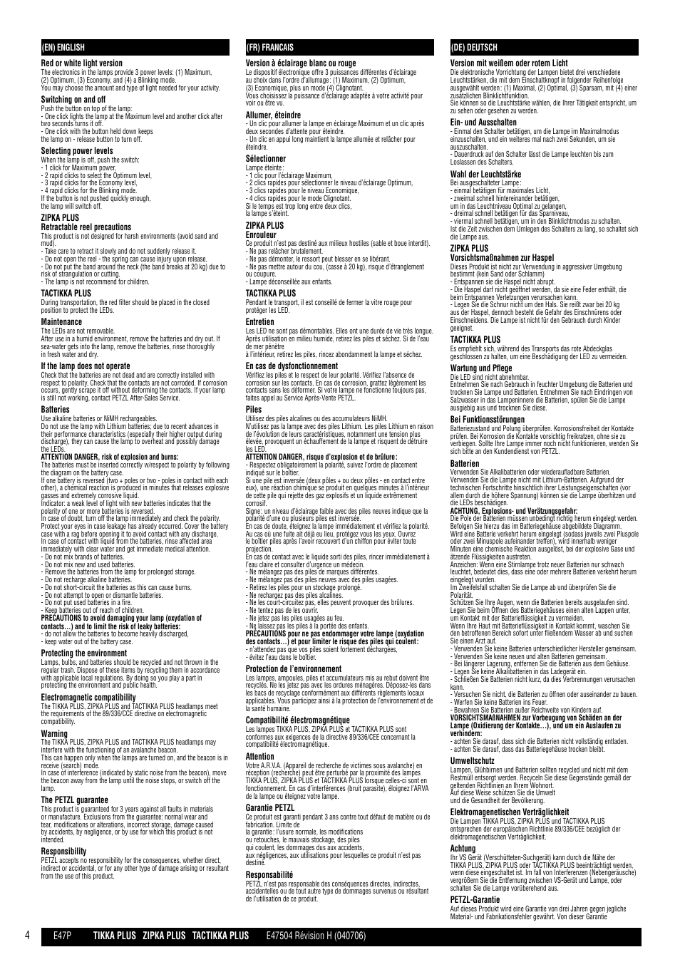 En, fr, de | Petzl TACTIKKA PLUS ADAPT User Manual | Page 4 / 17