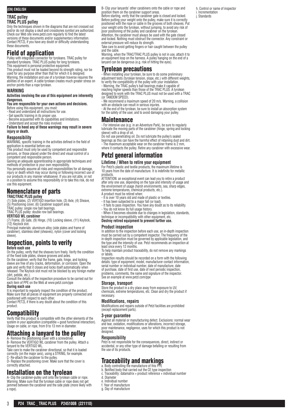 Field of application, Nomenclature of parts, Inspection, points to verify | Compatibility, Attaching a lanyard to the pulley, Installation on the tyrolean, Tyrolean precautions, Maintenance, Petzl general information, Traceability and markings | Petzl TRAC PLUS User Manual | Page 3 / 19