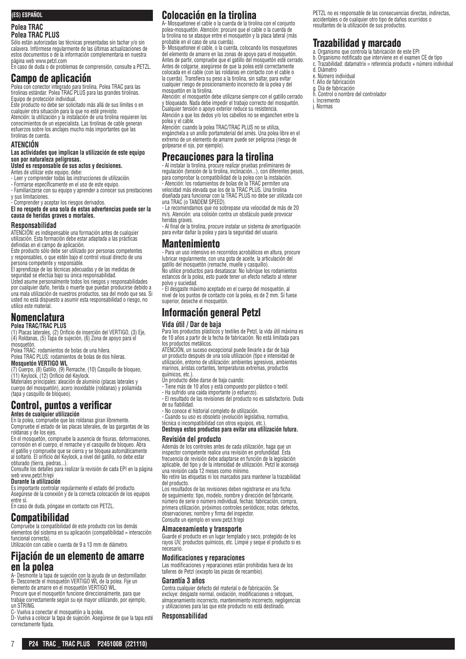 Campo de aplicación, Nomenclatura, Control, puntos a verificar | Compatibilidad, Fijación de un elemento de amarre en la polea, Colocación en la tirolina, Precauciones para la tirolina, Mantenimiento, Información general petzl, Trazabilidad y marcado | Petzl TRAC PLUS User Manual | Page 7 / 19