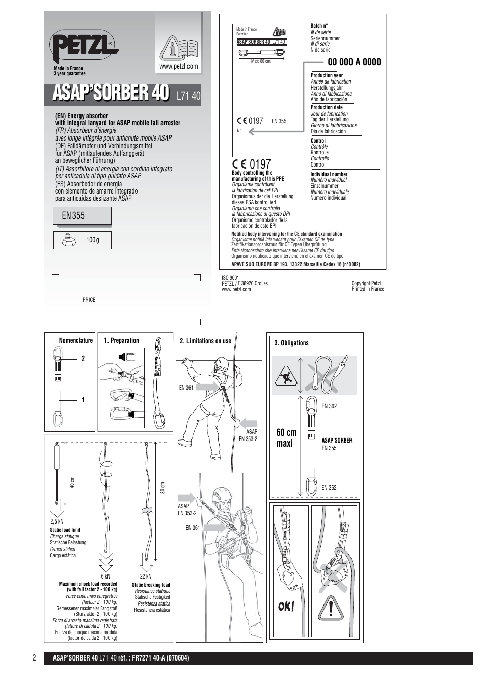 Drawings, Asap’sorber 40, L71 40 | En 355, 60 cm maxi | Petzl ASAP'SORBER User Manual | Page 2 / 10