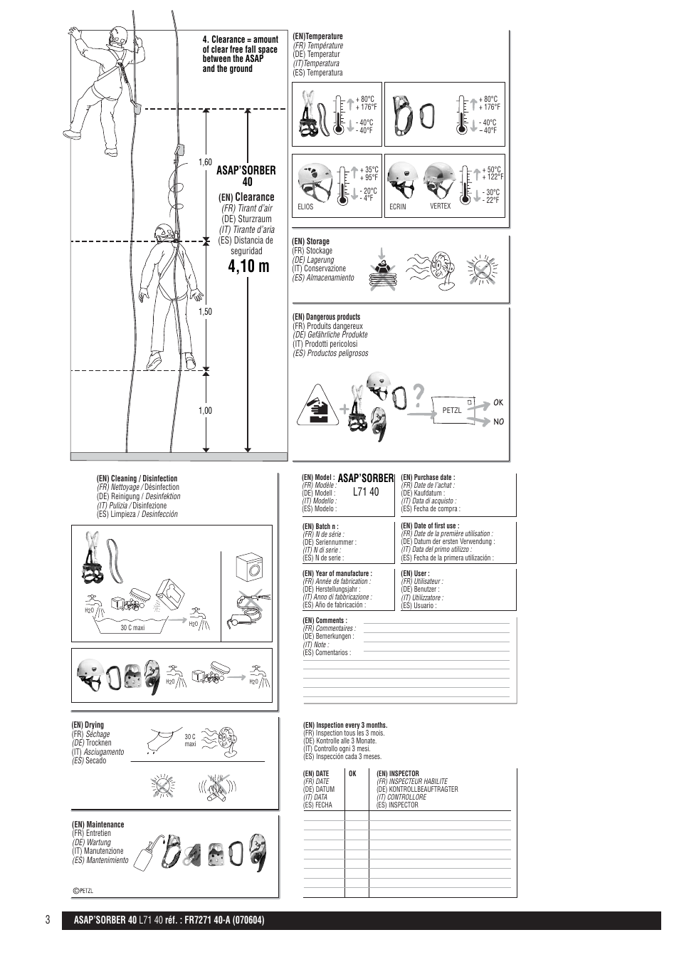 Drawings, 4,10 m, Asap’sorber 40 | Clearance, Asap’sorber l71 40 | Petzl ASAP'SORBER User Manual | Page 3 / 10