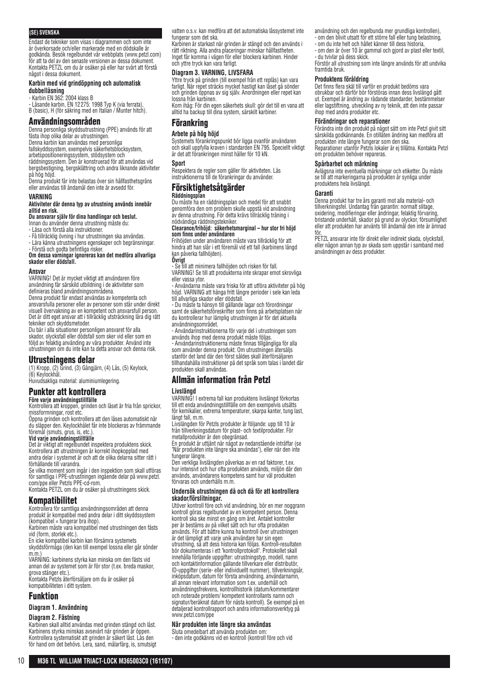 Användningsområden, Utrustningens delar, Punkter att kontrollera | Kompatibilitet, Funktion, Förankring, Försiktighetsåtgärder, Allmän information från petzl | Petzl WILLIAM TRIACT-LOCK User Manual | Page 10 / 22