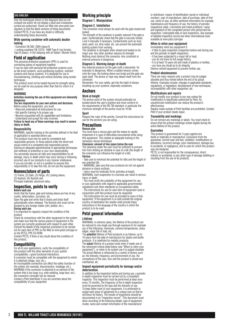 Field of application, Nomenclature of parts, Inspection, points to verify | Compatibility, Working principle, Anchors, Precautions, Petzl general information | Petzl WILLIAM TRIACT-LOCK User Manual | Page 3 / 22