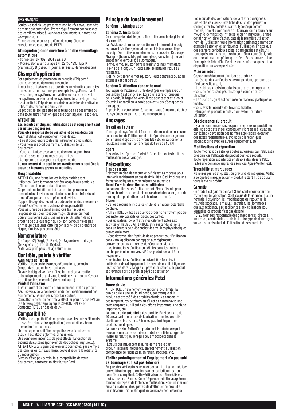 Champ d’application, Nomenclature, Contrôle, points à vérifier | Compatibilité, Principe de fonctionnement, Ancrages, Précautions, Informations générales petzl | Petzl WILLIAM TRIACT-LOCK User Manual | Page 4 / 22