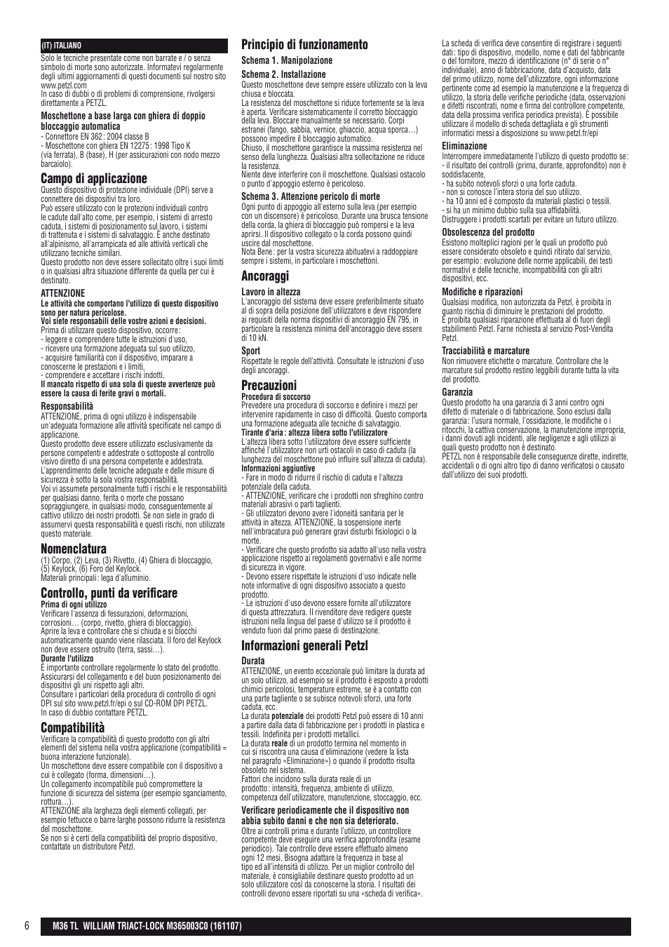 Campo di applicazione, Nomenclatura, Controllo, punti da verificare | Compatibilità, Principio di funzionamento, Ancoraggi, Precauzioni, Informazioni generali petzl | Petzl WILLIAM TRIACT-LOCK User Manual | Page 6 / 22