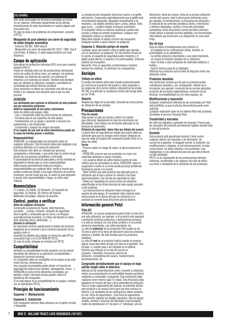 Campo de aplicación, Nomenclatura, Control, puntos a verificar | Compatibilidad, Principio de funcionamiento, Anclajes, Precauciones, Información general petzl | Petzl WILLIAM TRIACT-LOCK User Manual | Page 7 / 22