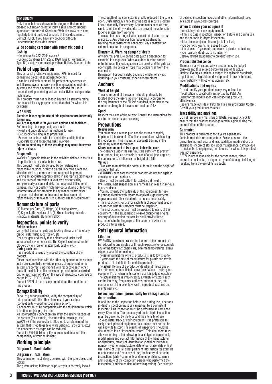 Field of application, Nomenclature of parts, Inspection, points to verify | Compatibility, Working principle, Anchors, Precautions, Petzl general information | Petzl WILLIAM BALL-LOCK User Manual | Page 3 / 22