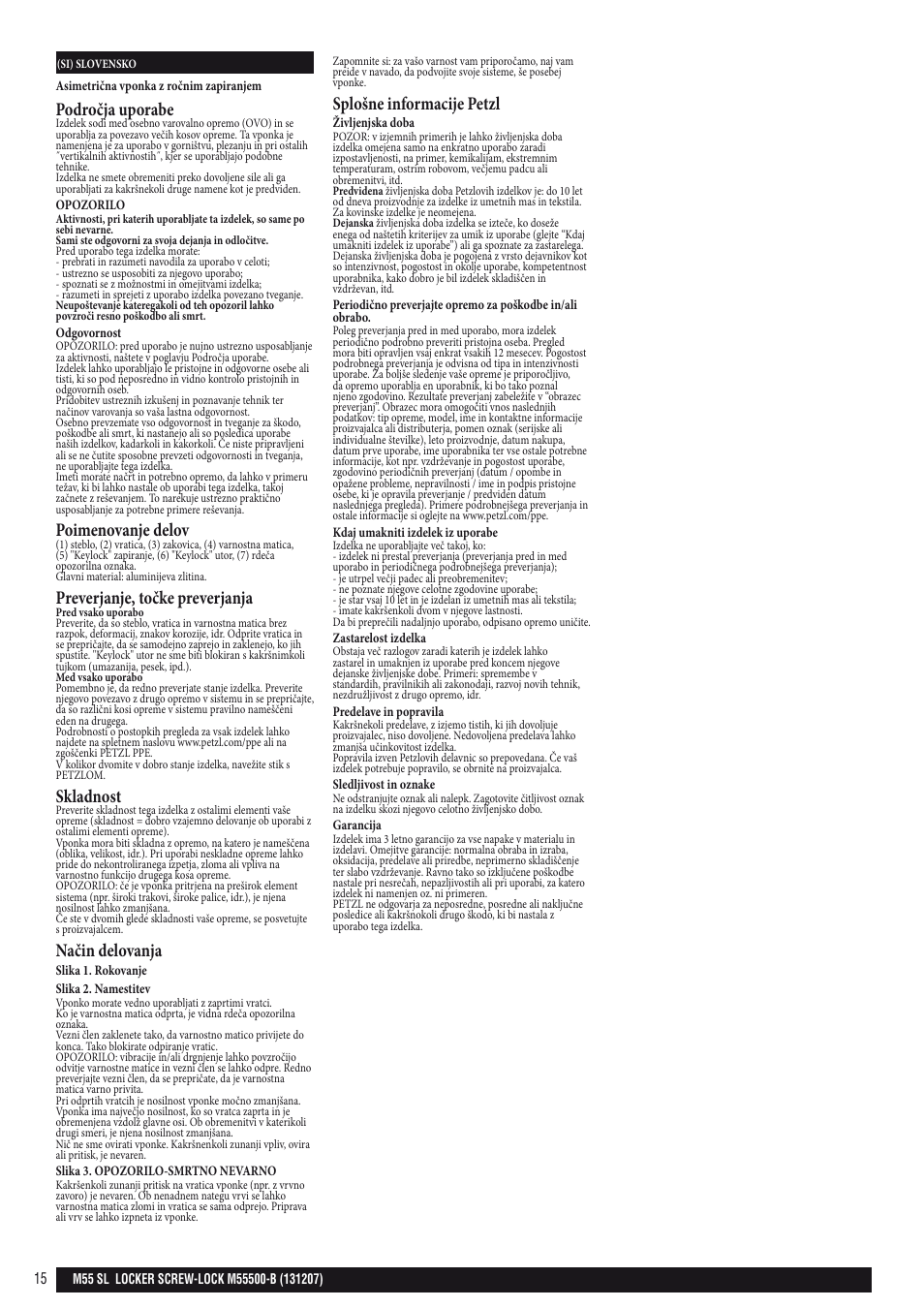 Področja uporabe, Poimenovanje delov, Preverjanje, točke preverjanja | Skladnost, Način delovanja, Splošne informacije petzl | Petzl LOCKER SCREW-LOCK User Manual | Page 15 / 21