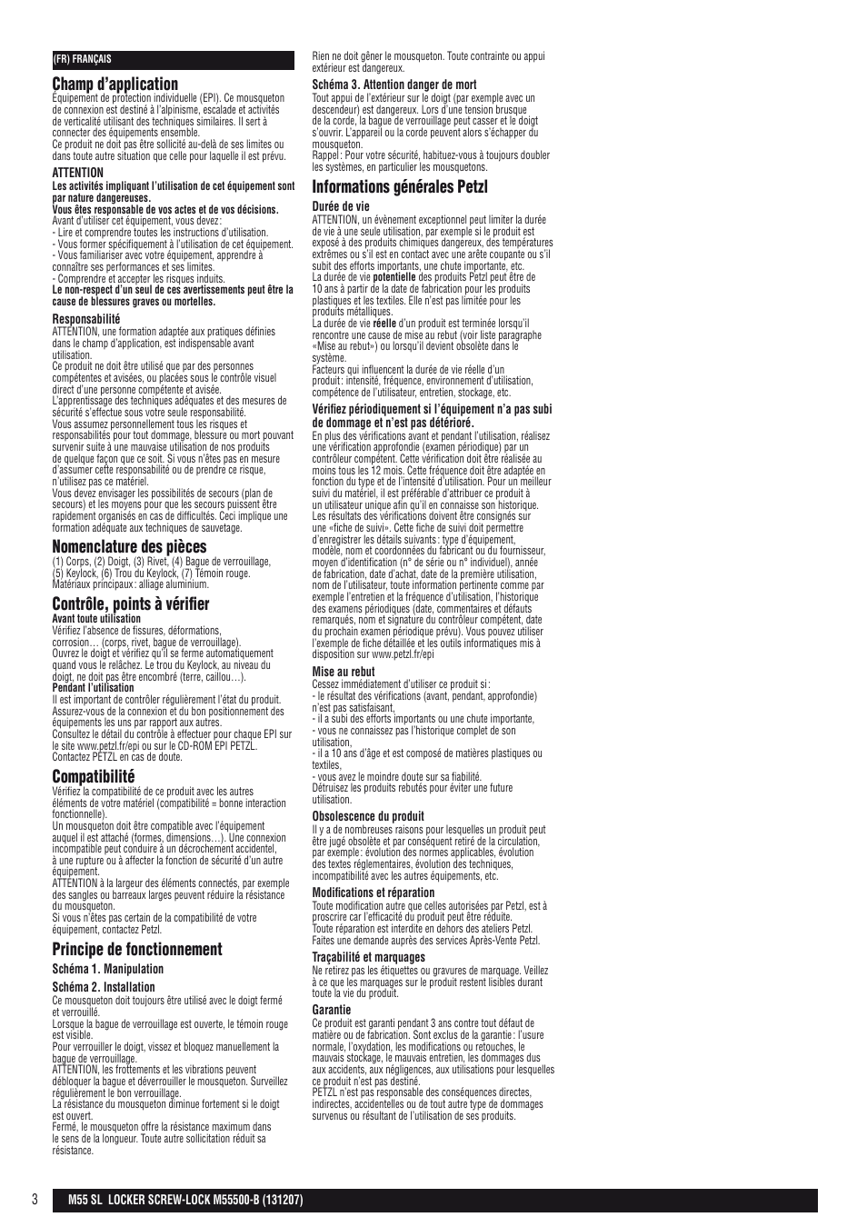 Champ d’application, Nomenclature des pièces, Contrôle, points à vérifier | Compatibilité, Principe de fonctionnement, Informations générales petzl | Petzl LOCKER SCREW-LOCK User Manual | Page 3 / 21