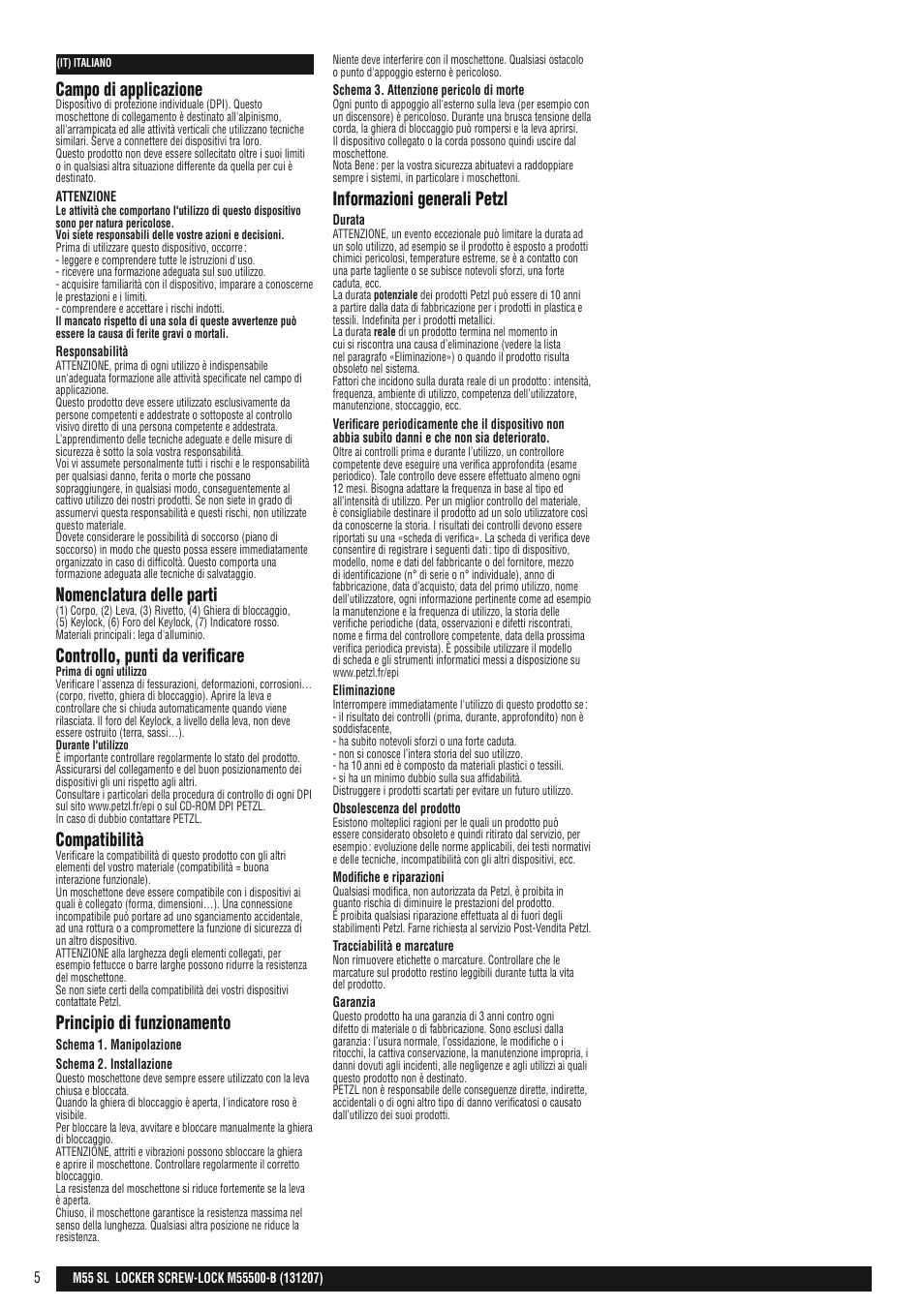 Campo di applicazione, Nomenclatura delle parti, Controllo, punti da verificare | Compatibilità, Principio di funzionamento, Informazioni generali petzl | Petzl LOCKER SCREW-LOCK User Manual | Page 5 / 21