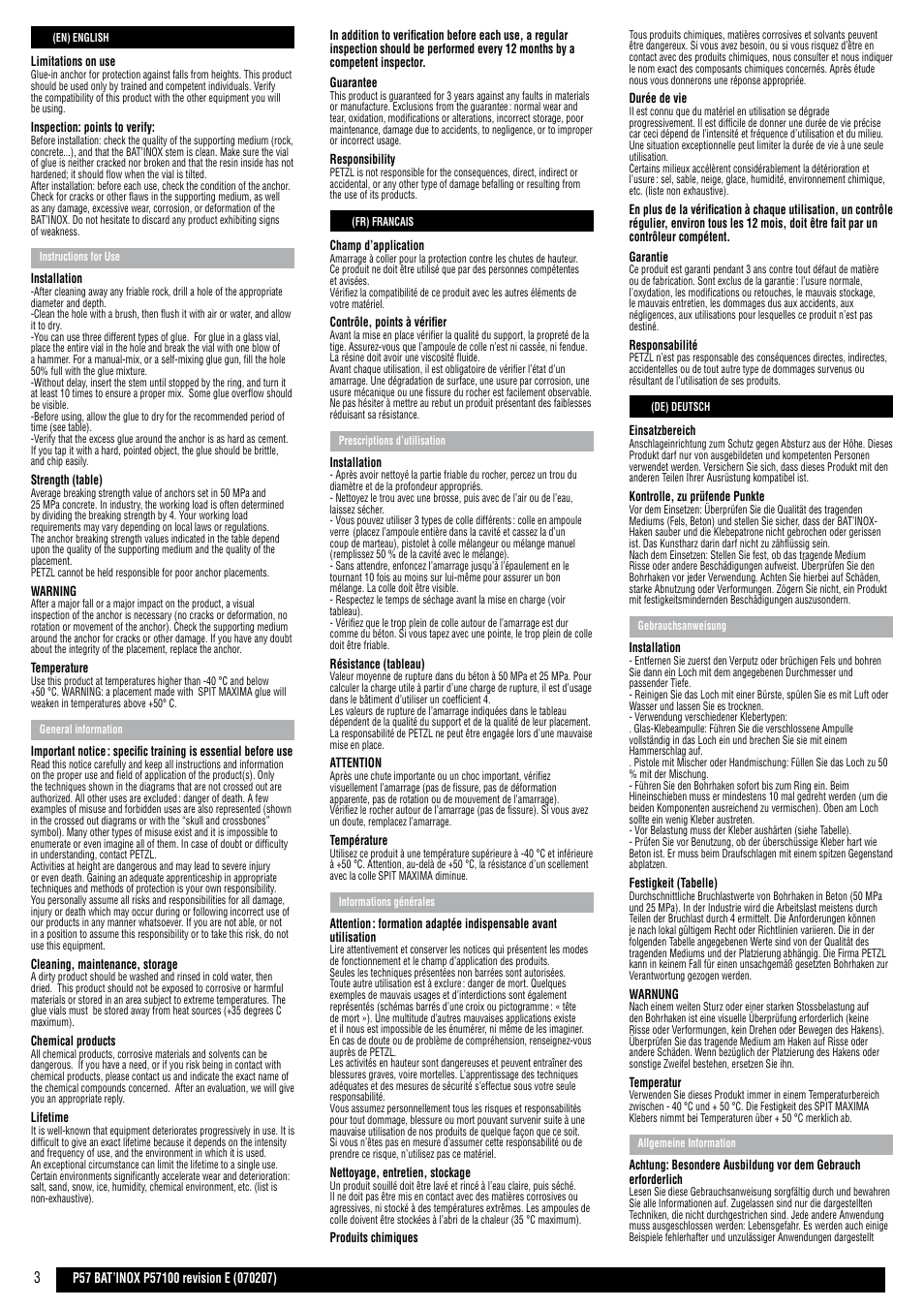 En, fr, de | Petzl BAT'INOX User Manual | Page 3 / 12