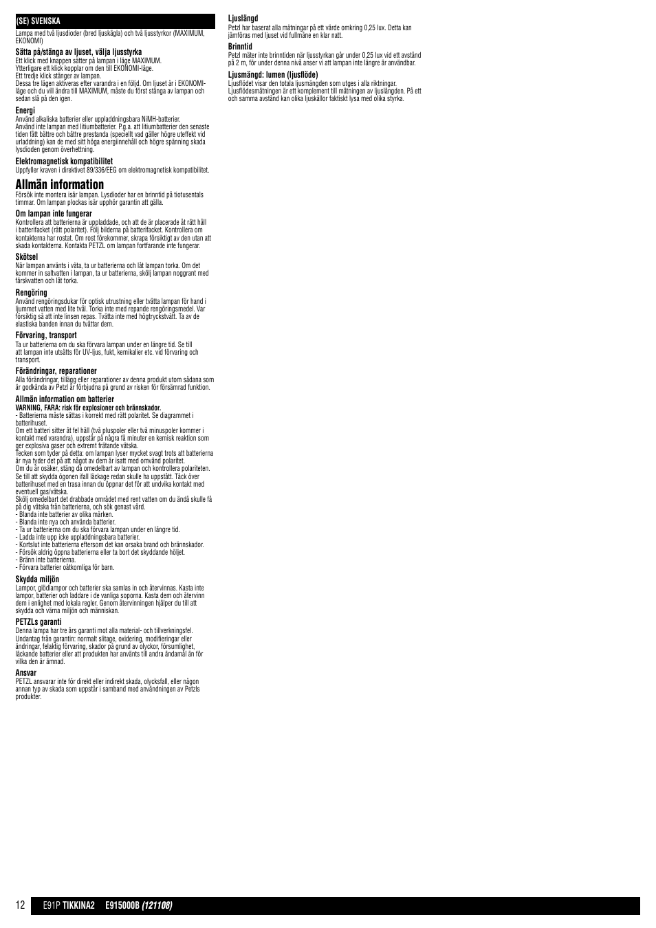 Allmän information | Petzl TIKKINA 2 User Manual | Page 12 / 24