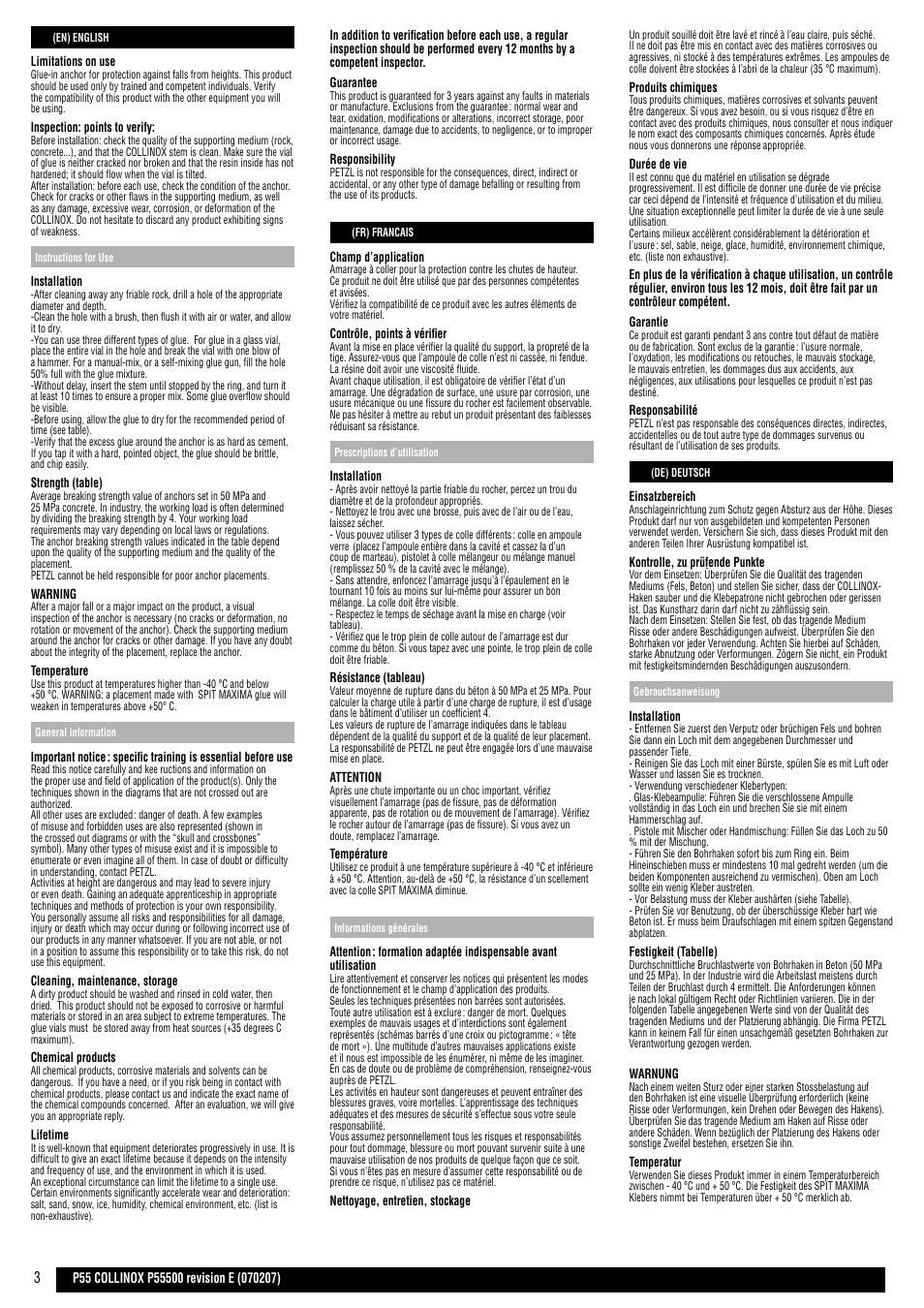 En, fr, de | Petzl COLLINOX User Manual | Page 3 / 12