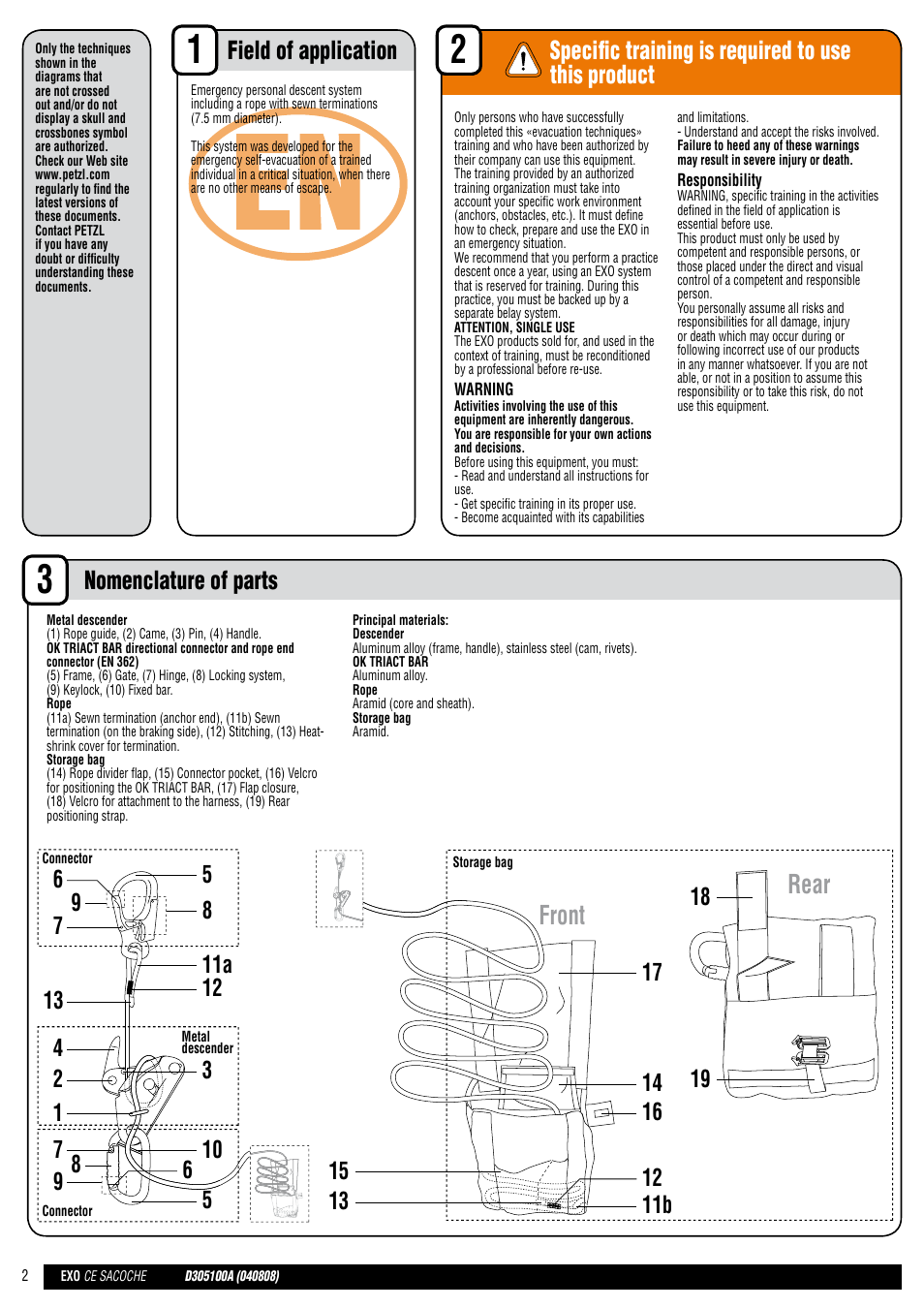 En + drawings, Front rear, Field of application | Specific training is required to use this product, Nomenclature of parts | Petzl EXO EASHOOK User Manual | Page 2 / 28