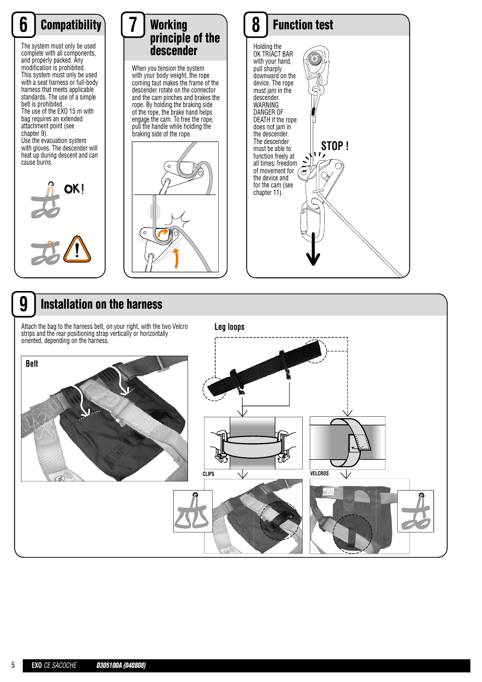 En + drawings, Compatibility working principle of the descender, Function test | Installation on the harness, Stop | Petzl EXO EASHOOK User Manual | Page 5 / 28