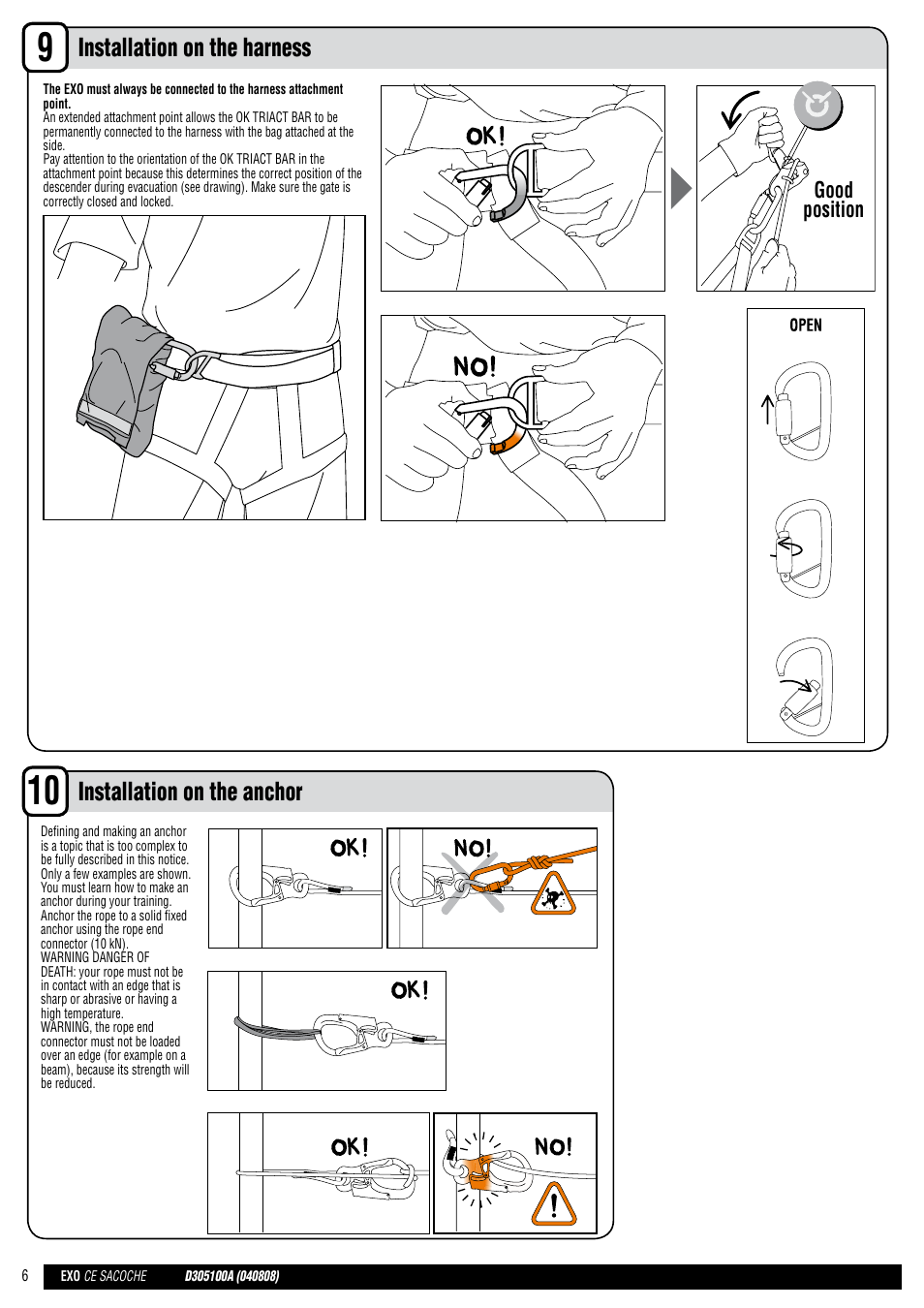 En + drawings, Installation on the harness, Installation on the anchor | Good position | Petzl EXO EASHOOK User Manual | Page 6 / 28