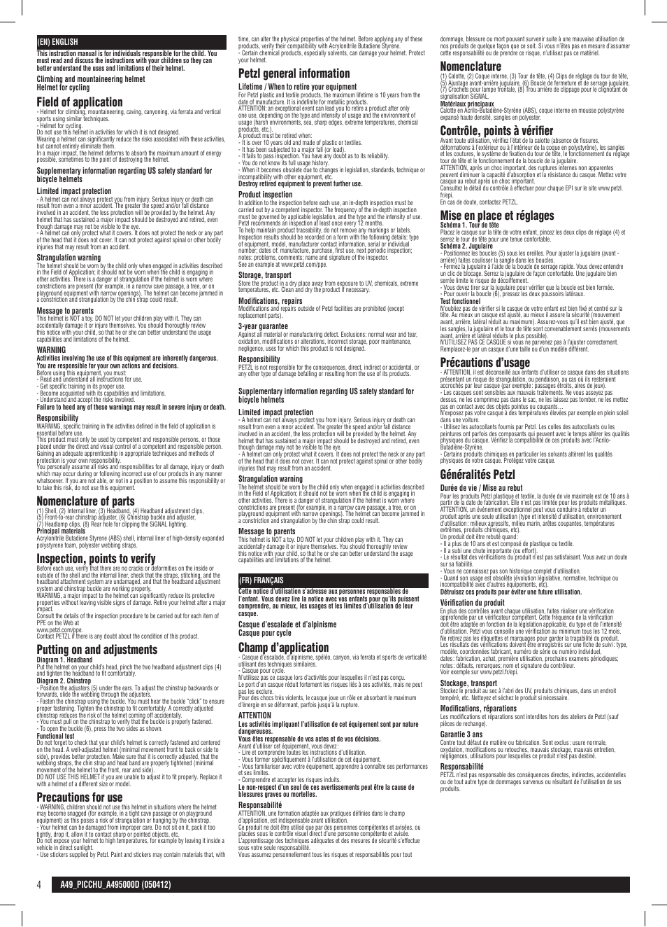 En, fr, Field of application, Nomenclature of parts | Inspection, points to verify, Putting on and adjustments, Precautions for use, Petzl general information, Champ d’application, Nomenclature, Contrôle, points à vérifier | Petzl PICCHU User Manual | Page 4 / 13
