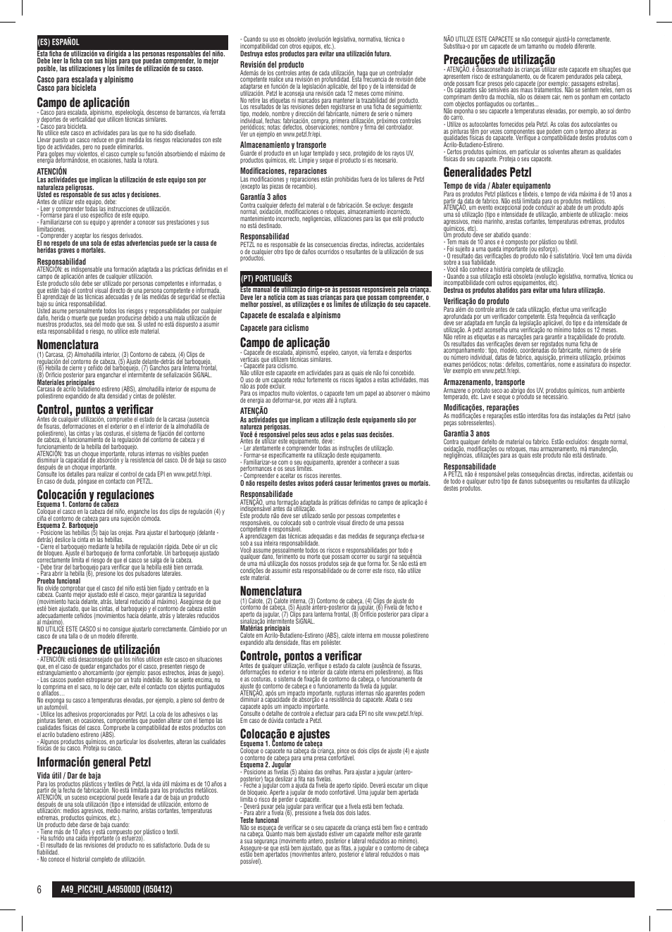 Es, pt, Campo de aplicación, Nomenclatura | Control, puntos a verificar, Colocación y regulaciones, Precauciones de utilización, Información general petzl, Campo de aplicação, Controle, pontos a verificar, Colocação e ajustes | Petzl PICCHU User Manual | Page 6 / 13