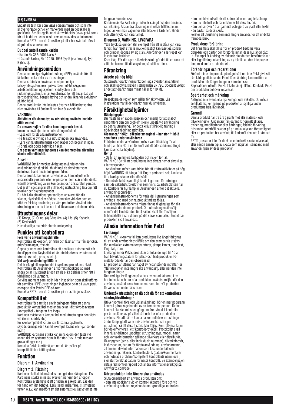 Användningsområden, Utrustningens delar, Punkter att kontrollera | Kompatibilitet, Funktion, Förankring, Försiktighetsåtgärder, Allmän information från petzl | Petzl AM'D TRIACT-LOCK User Manual | Page 10 / 22