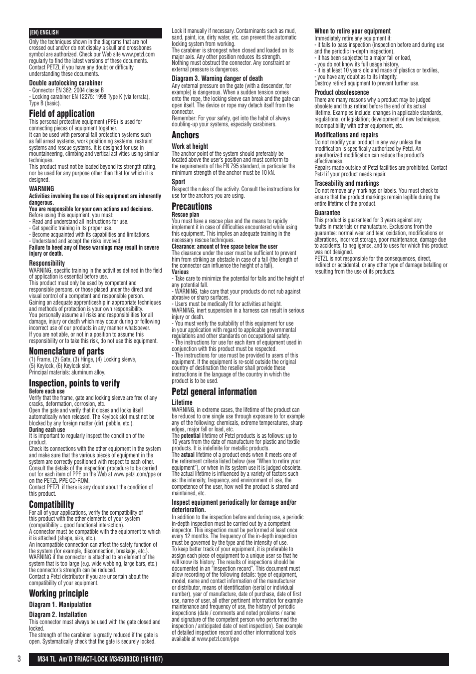 Field of application, Nomenclature of parts, Inspection, points to verify | Compatibility, Working principle, Anchors, Precautions, Petzl general information | Petzl AM'D TRIACT-LOCK User Manual | Page 3 / 22